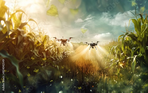 Drones spraying herbicide in a corn field, agricultural technology concept. The drones are spraying in the style of gardenape in the field to control weeds photo