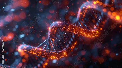 A radiant digital DNA helix illuminates the dark, twinkling backdrop with shades of orange and blue, symbolizing modern biotechnology and genetic innovation