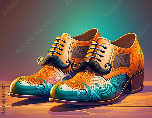 teal orange illustration of stylish shoes with moustache photo