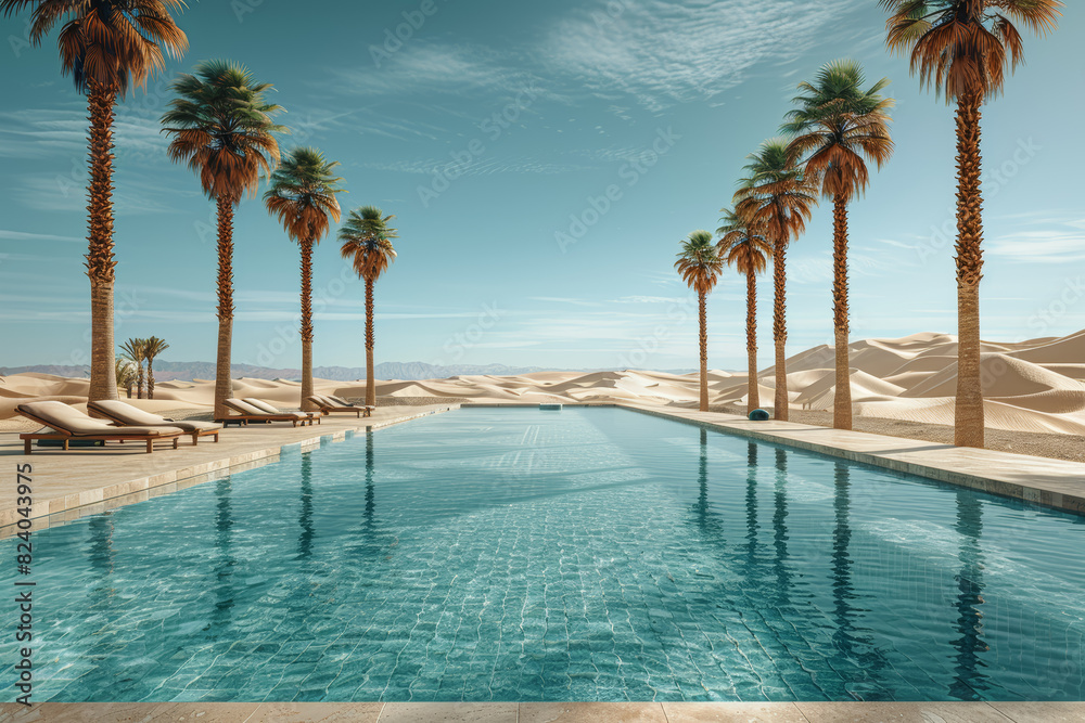 A tranquil oasis nestled amidst desert dunes, where palm trees sway gently in the breeze and a pristine pool beckons weary travelers. Concept of desert sanctuary. Generative Ai. A tranquil oasis nestled amidst desert dunes, where palm trees sway gently in the breeze and a pristine pool beckons weary travelers. Concept of desert sanctuary. Generative Ai.