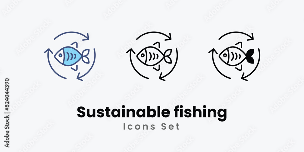 Sustainable fishing Icons set thin line and glyph vector icon illustration