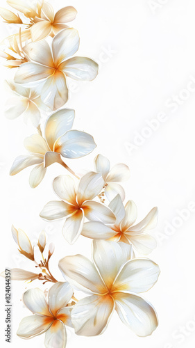 Elegant watercolor design with white frangipani flowers. Ready to use card  template for wedding invitation  greeting  birthday etc. Blank space for text. 