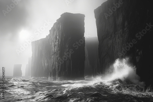 The rugged beauty of a coastal cliffside, where towering promontories jut dramatically into the crashing waves below. Concept of maritime majesty. Generative Ai. photo