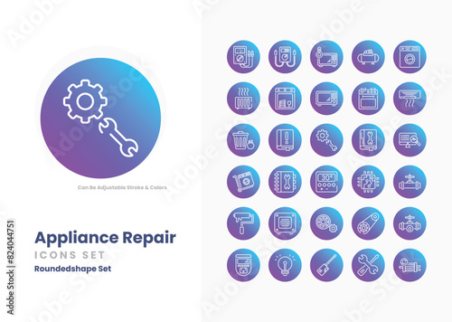 Appliance Repair icons collection. Set contains such Icons as Wrench, Screwdriver, Gear, Tool, Hammer, Spanner, Pliers, Repairman, Technician, Service, and more