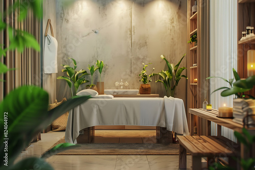 A serene spa salon with elegant decor offering relaxing treatments and rejuvenation in a peaceful setting