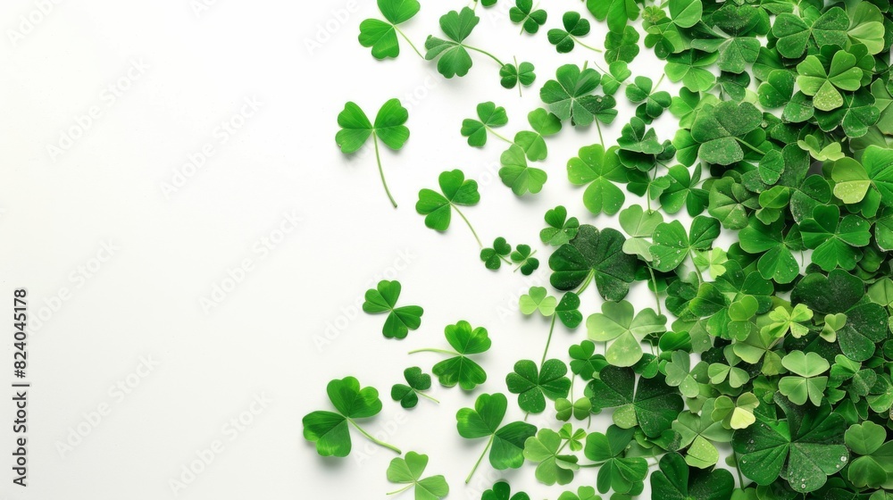 Shamrock leaves are displayed on a white background in this video. The camera captures the vibrant green leaves of the shamrock plant Shamrock leaves are displayed on a white background in this video. The camera captures the vibrant green leaves of the shamrock plant