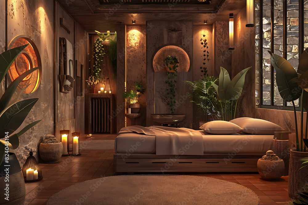 A serene spa salon with elegant decor offering relaxing treatments and rejuvenation in a peaceful setting