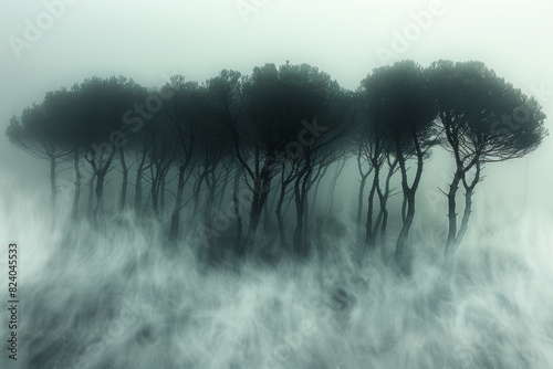 The ethereal beauty of a fog-shrouded forest, where gnarled trees loom like silent sentinels amidst a swirling sea of mist. Concept of mystical woods. Generative Ai. photo