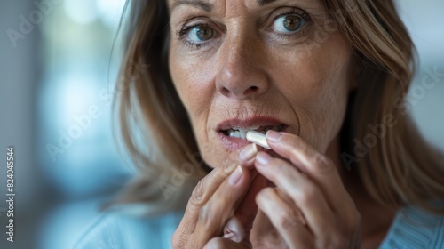 Close-up of woman taking pill indoors.