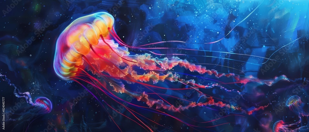 In the mysterious depths of the ocean, a jellyfish glowed with neon ...