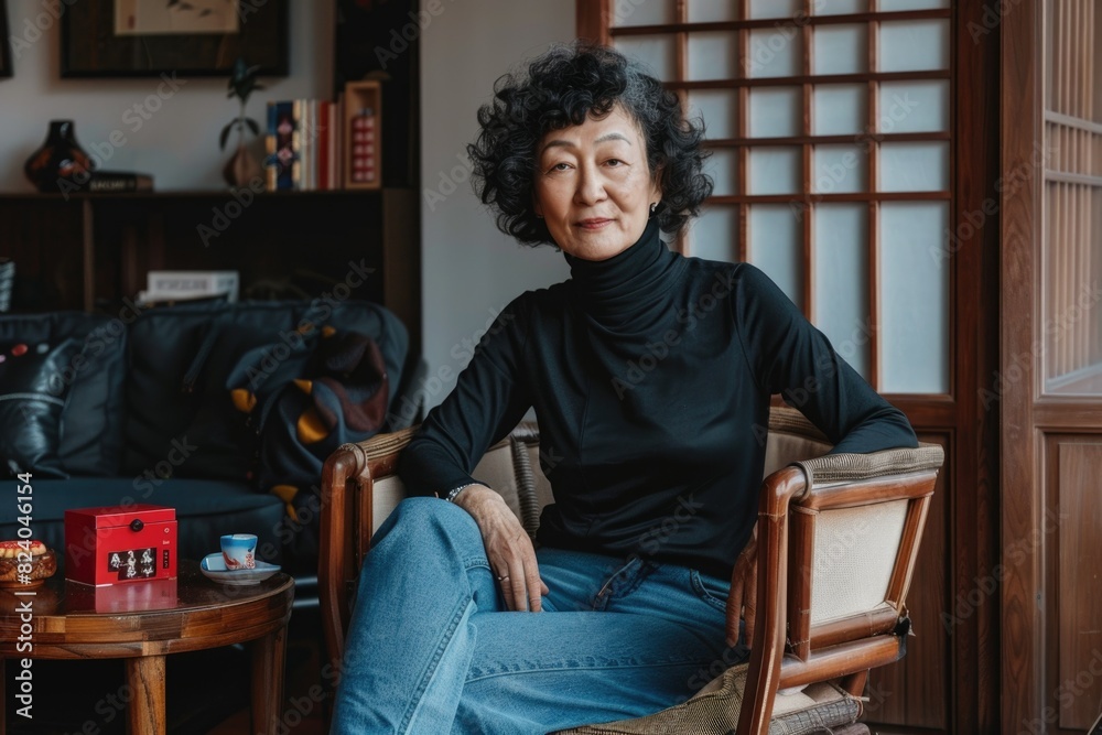 Asian old woman in black turtleneck. Mid-Autumn Festival. Moon cake. Traditional house. China Asian old woman in black turtleneck. Mid-Autumn Festival. Moon cake. Traditional house. China