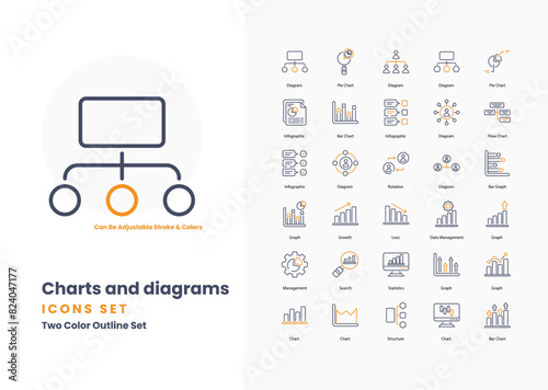 chart and diagram icons collection. Set contains such Icons as Graph, Diagram, Chart, Plot, Infographic, Flowchart, Bar Graph, Line Graph, Pie Chart, and more