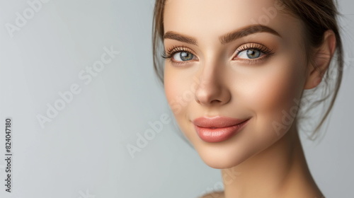 Captivating young woman with perfect skin, her hands gently framing her face, gazes with striking blue eyes, embodying grace and natural beauty
