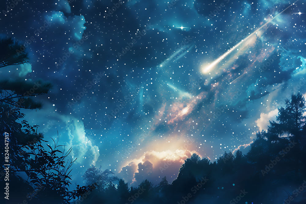 A spectacular shooting star streaks across a night sky filled with twinkling stars and cosmic wonders A spectacular shooting star streaks across a night sky filled with twinkling stars and cosmic wonders