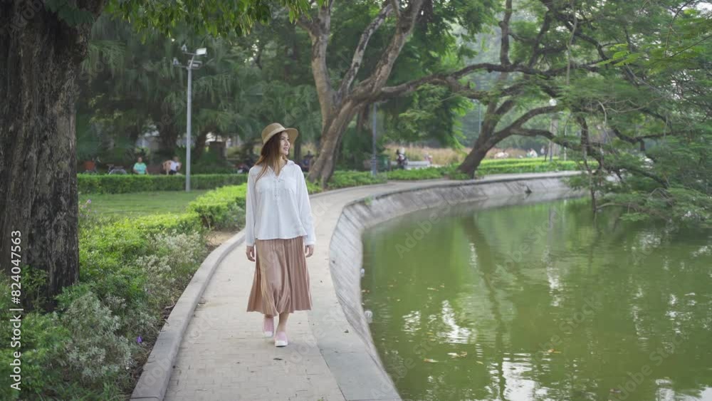 Portrait of happy Asian Vietnamese woman travel in public park garden with lake and river in Downtown Hanoi. Urban city, Vietnam. People lifestyle.
