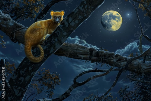 Under the moonlit canopy, a kinkajous golden fur shimmered as it darted through the treetops, an enigmatic presence in the nocturnal world photo