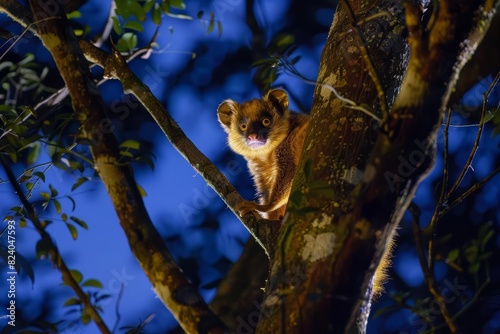 Under the moonlit canopy, a kinkajous golden fur shimmered as it darted through the treetops, an enigmatic presence in the nocturnal world photo