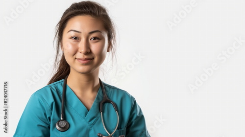 compassionate nurse in uniform, captured against a white background, with a caring smile, ready to assist patients