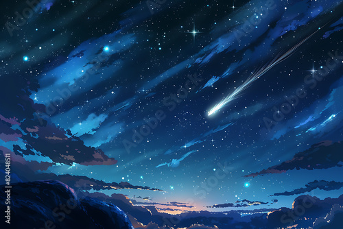 A spectacular shooting star streaks across a night sky filled with twinkling stars and cosmic wonders