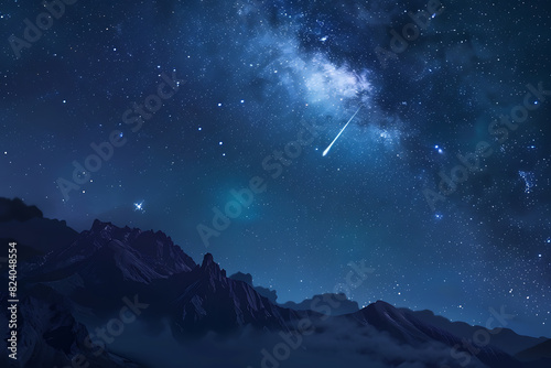 A spectacular shooting star streaks across a night sky filled with twinkling stars and cosmic wonders