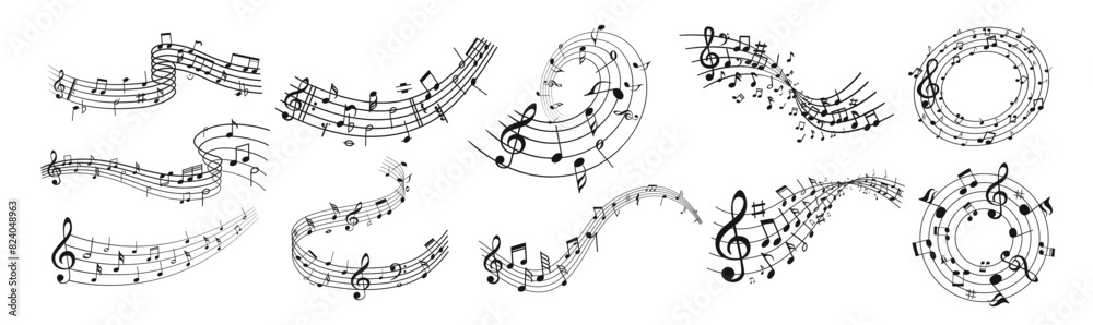 Music notes wave isolated, group musical notes background. Musical notes melody on transparent background