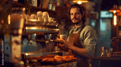The picture of the barista holding coffee cup inside cafe or coffee shop  the barista skills require knowledge of the various type of the coffee bean and time management in making the coffee. AIG43.