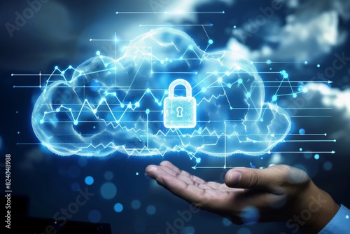 Hands presenting a glowing digital cloud with a lock, showcasing advanced cloud security and data protection in a serene, futuristic blue environment.