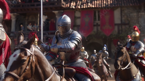 group of knights in shining armor jousting at a grand tournament in a medieval setting