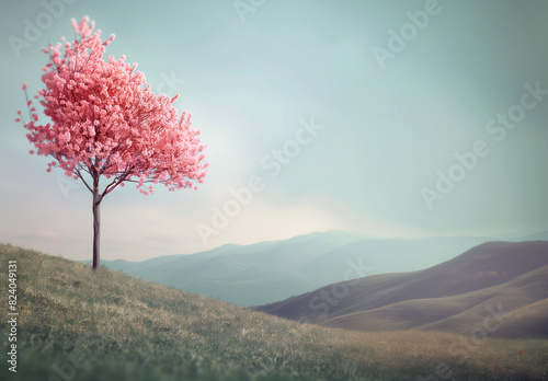 A tree with pink flowers stands in a field with mountains in the background