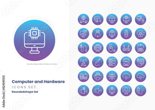 Computer and hardware icons collection. Set contains such Icons as Computer, Laptop, Desktop, Monitor, Keyboard, Mouse, CPU, GPU, RAM, Hard Drive, SSD, and more