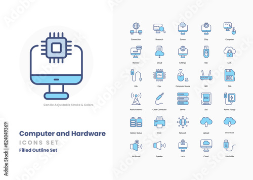 Computer and hardware icons collection. Set contains such Icons as Computer, Laptop, Desktop, Monitor, Keyboard, Mouse, CPU, GPU, RAM, Hard Drive, SSD, and more