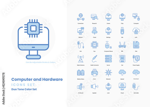 Computer and hardware icons collection. Set contains such Icons as Computer, Laptop, Desktop, Monitor, Keyboard, Mouse, CPU, GPU, RAM, Hard Drive, SSD, and more