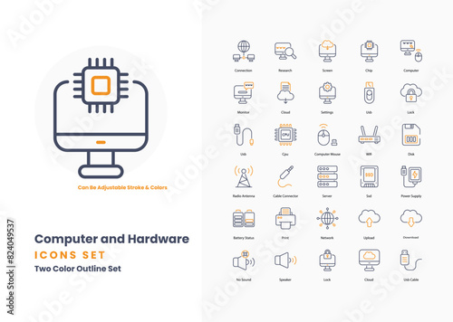 Computer and hardware icons collection. Set contains such Icons as Computer, Laptop, Desktop, Monitor, Keyboard, Mouse, CPU, GPU, RAM, Hard Drive, SSD, and more