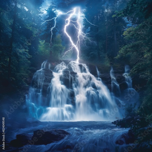 Lightning striking at the heart of the forest, its flash illuminating a hidden waterfall, creating a momentary vision of beauty and power in the midst of the storm.