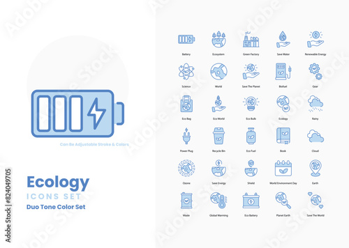 ecology icons collection. Set contains such Icons as Tree, Leaf, Recycle, Earth, Globe, Nature, Eco-friendly, Sustainability, Green Energy, and more