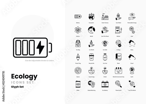 ecology icons collection. Set contains such Icons as Tree, Leaf, Recycle, Earth, Globe, Nature, Eco-friendly, Sustainability, Green Energy, and more