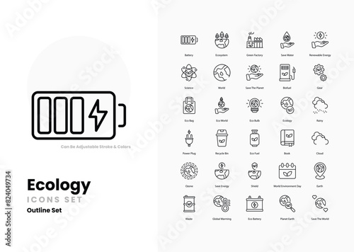 ecology icons collection. Set contains such Icons as Tree, Leaf, Recycle, Earth, Globe, Nature, Eco-friendly, Sustainability, Green Energy, and more