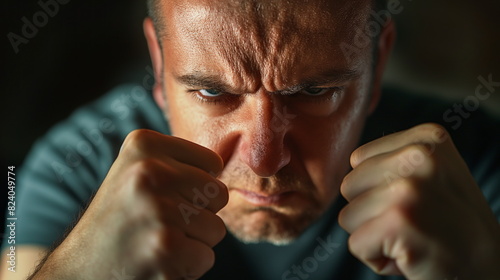 Man clenching his fists, with a tense expression on his face photo