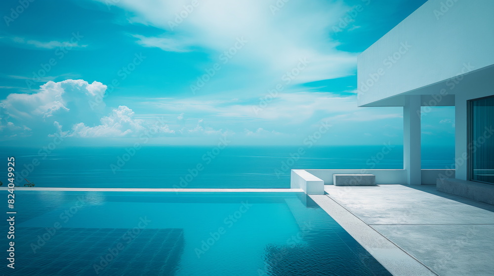 Minimalistic Luxury villa resort, blue swimming pool and sea, summer sky holiday, vacation travel, view water pool