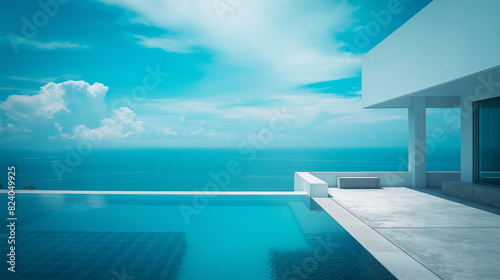 Minimalistic Luxury villa resort  blue swimming pool and sea  summer sky holiday  vacation travel  view water pool