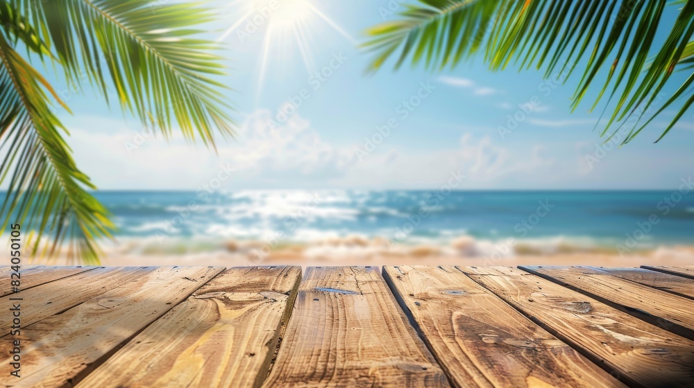 A wooden table sits on a sandy beach, surrounded by lush palm trees under a clear blue sky A wooden table sits on a sandy beach, surrounded by lush palm trees under a clear blue sky