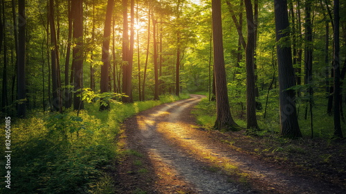 peaceful forest path winding through tall trees with sunlight filtering through the leaves
