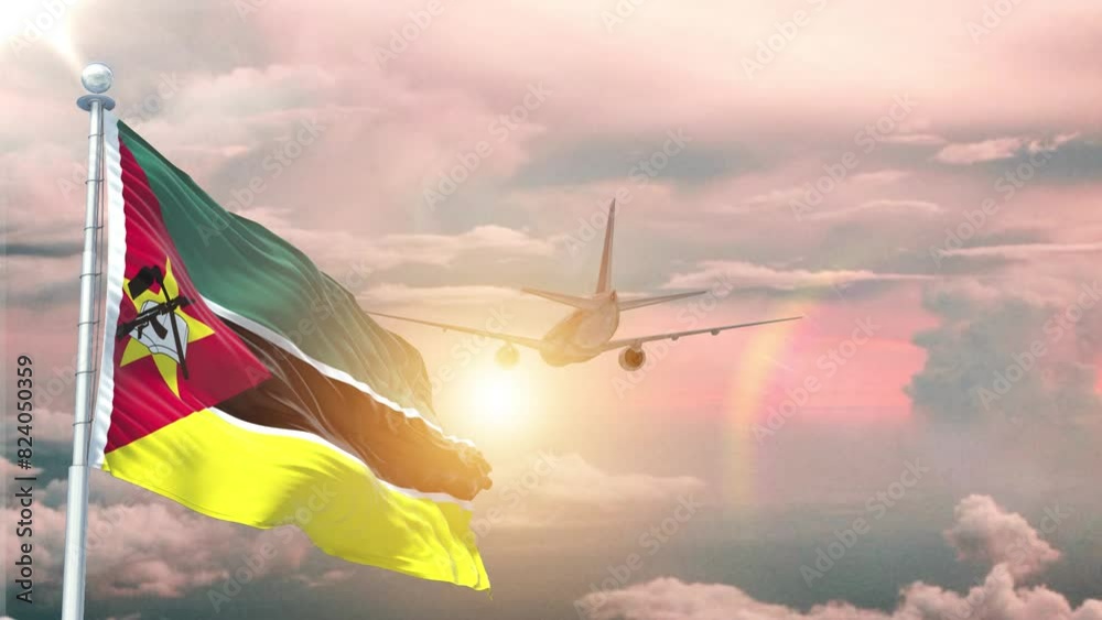 Mozambique flag Waving Realistic With Sky Plane Takes Off At Sunrise