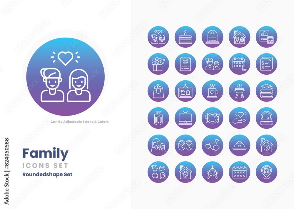 family icons collection. Set contains such Icons as Family, Parents, Children, Siblings, Love, Bond, Home, Together, Unity, Support, Care, Hug, Kiss, and more