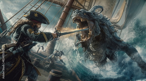 pirate dueling with a fierce sea creature on the deck of a sinking ship photo