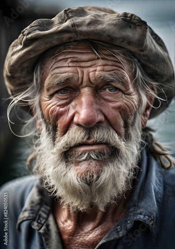 Portrait of a Seasoned Fisherman with Weathered Skin and Piercing Gaze