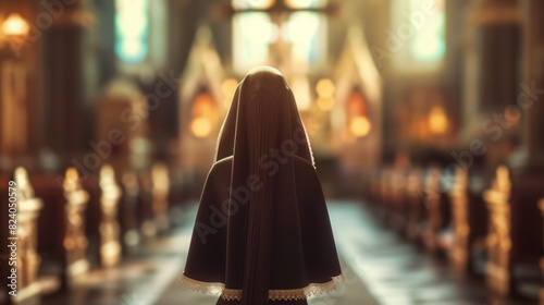 Nun stands in contemplation within a church, bathed in the warm, golden light of a morning sun