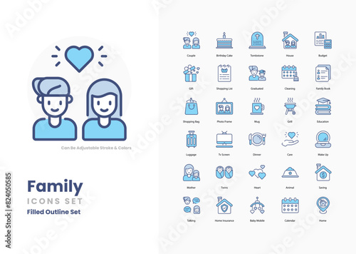 family icons collection. Set contains such Icons as Family, Parents, Children, Siblings, Love, Bond, Home, Together, Unity, Support, Care, Hug, Kiss, and more