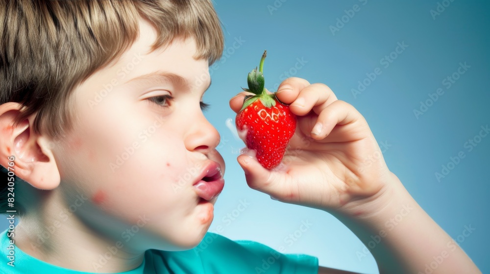 A young child examining a strawberry, with visible allergic reactions on the face, in a conceptual health image. A young child examining a strawberry, with visible allergic reactions on the face, in a conceptual health image.
