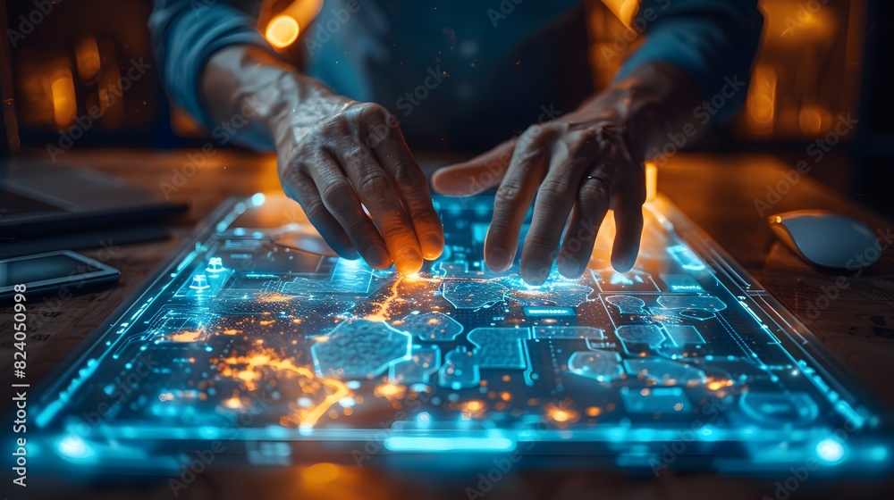 A man is using a computer to draw a blue and orange cityscape. Concept of creativity and innovation, as the man is using technology to bring his ideas to life A man is using a computer to draw a blue and orange cityscape. Concept of creativity and innovation, as the man is using technology to bring his ideas to life